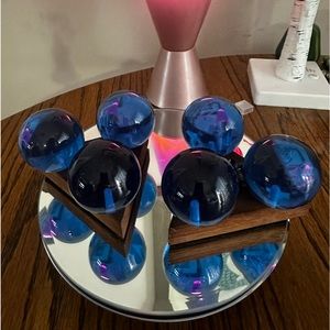 60’s MCM “Blue Balls” PAIR of LUCITE BALLS CANDLE HOLDER! Wood base